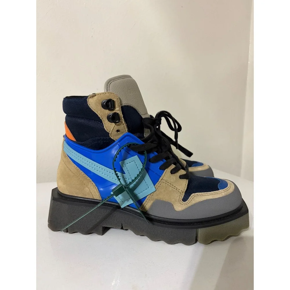 Off-White Hiking Sneaker Boots Mens Blue Tan Colorblock Sponge Sole Excellent